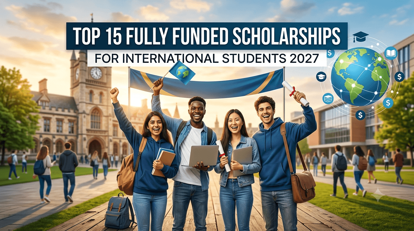 three graduates standing in front of a school banner