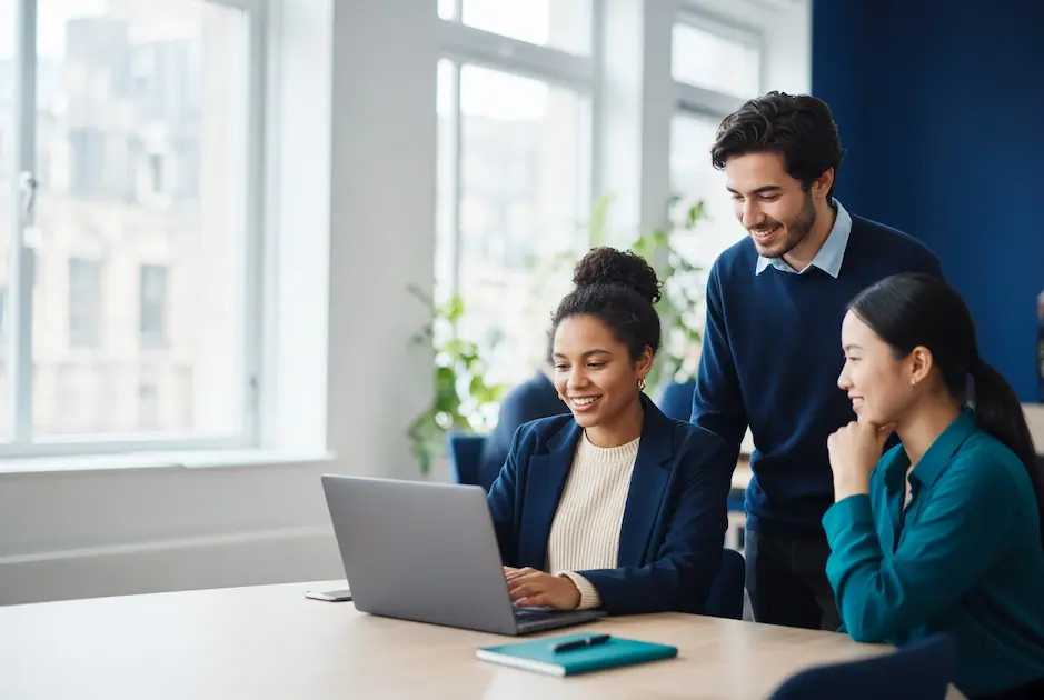 three students in front of a laptop on a desk